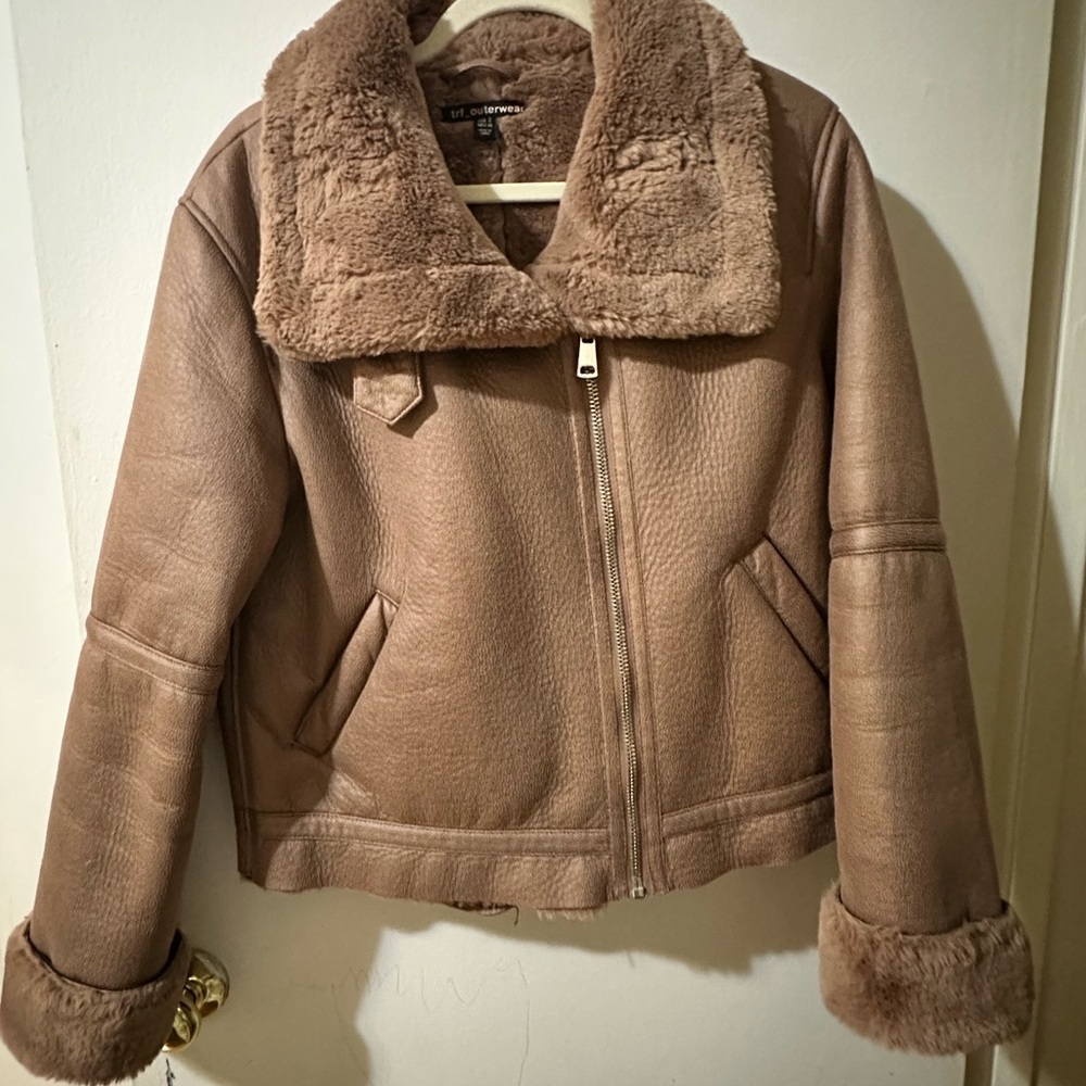 Zara Light Brown Leather Jacket with Plush Collar